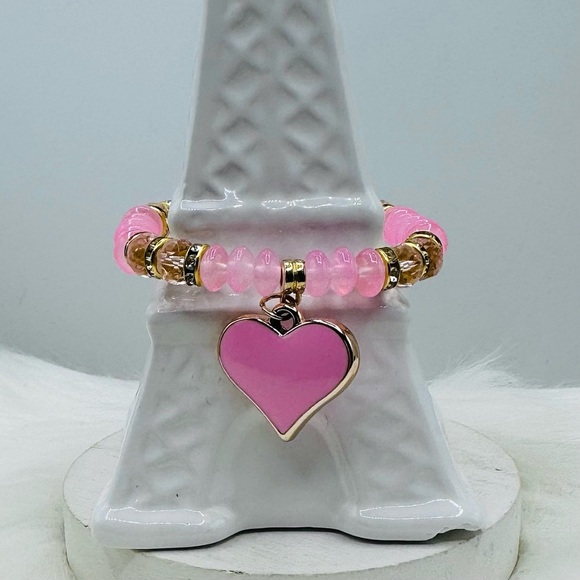 Pink Beaded Bracelet Heart Pendant Bracelet - Picture 3 of 6